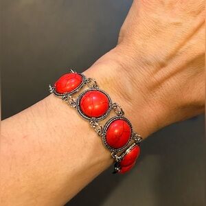 Boutique Silver Filigree Bracelet W Red Marble Stones Adjustable Chain